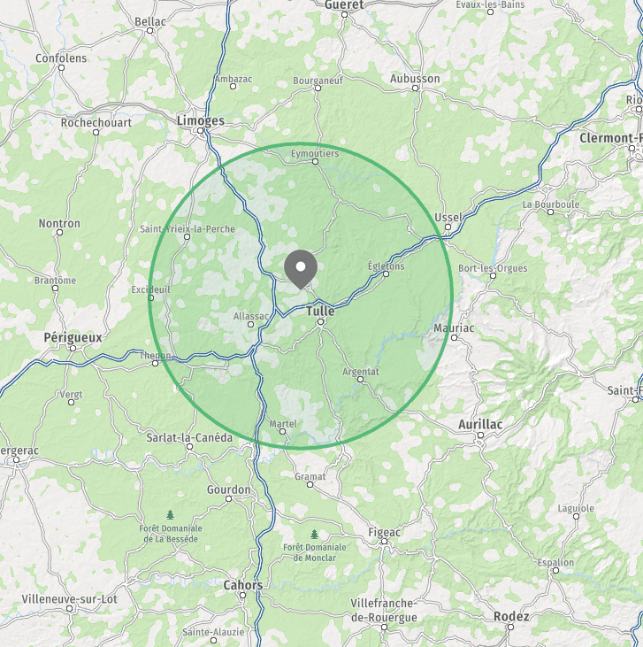 Carte de la zone d'intervention de l'artisan en Corrèze